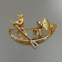 Load image into Gallery viewer, Perfect Vintage Spanish Souvenir Gondola Brooch - circa 1960 - Damascene Style Enamel Black, Silver, Gold Tone Pin - Spain Travel and Tourism