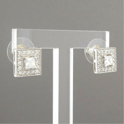 Vintage Sterling Silver and Crystal or CZ Cubic Zirconia Earrings - Open Back Square Stones - Stud Pierced Post - Signed ATI, Circa 1990