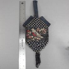 Load image into Gallery viewer, Antique Victorian Micro Bead Wristlet Purse with Beaded Tassel - Pleated Black Satin - Dove Bird Design - Black, Silver, Red