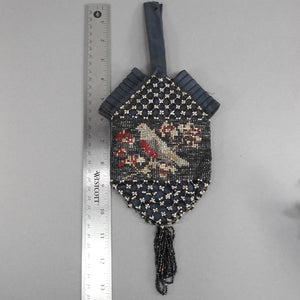 Antique Victorian Micro Bead Wristlet Purse with Beaded Tassel - Pleated Black Satin - Dove Bird Design - Black, Silver, Red