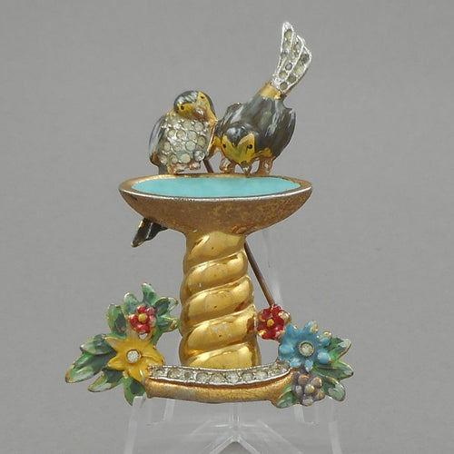 Vintage c 1930s / 1940s Bird Bath Brooch Lapel Pin - Polychrome Enamel, Crystals or Rhinestones, Gold Tone - Figural Estate Jewelry