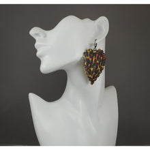 Load image into Gallery viewer, Vintage Betsey Johnson Leopard Heart Dangle Earrings - Mother of Pearl Shell, Pink and Black Animal Print - Wires for Pierced Ears - Signed, Designer, Estate Collection Jewelry