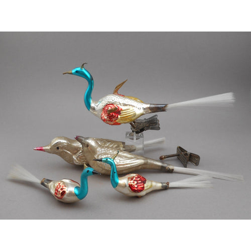 Antique Vtg Mercury Glass Bird Christmas Ornaments - Clip On, Spun Tails - As Is Lot of 5 for Restoration
