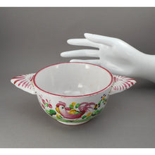 Load image into Gallery viewer, Antique French Faience Pottery Porringer Bowl with Lug Handles - Handpainted Rooster Chanticleer and Flowers - marked France - White Red Pink