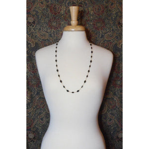 31" Long Vintage French Jet Black Glass Beads Gold Tone Chain Necklace Opera