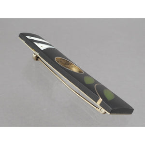Vintage Handmade Eileen Sutton Mid Hole Bar Pin - US Artisan Studio Jewelry Brooch - C 1990 Post Modern Style - Silver Black White Green Resin