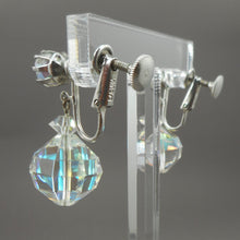 Load image into Gallery viewer, Vintage 1950s Signed Laguna Clip On / Screw Back Dangle Earrings - Iridescent Aurora Borealis Clear Glass Crystal Beads, Silver Tone