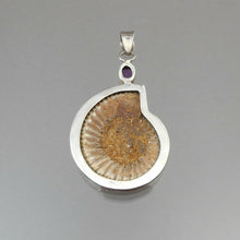 Load image into Gallery viewer, Vintage Ammonite Fossil and Sterling Silver Oval Pendant with an Amethyst Purple Accent Stone - Brown Snail Shell Form Natural Gemstone - circa 1980 - Southwestern Style