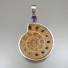 Load image into Gallery viewer, Vintage Ammonite Fossil and Sterling Silver Oval Pendant with an Amethyst Purple Accent Stone - Brown Snail Shell Form Natural Gemstone - circa 1980 - Southwestern Style