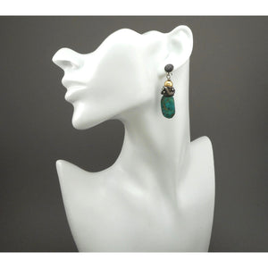 Vintage Handmade Southwestern Style Turquoise Dangle Earrings - Granulated Sterling Silver with Gold Filled Beads - USA Studio Jewelry - circa 2000