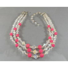 Load image into Gallery viewer, Vintage circa 1940 / 1950 Sugar Bead Set - Necklace and Clip On Cluster Earrings - AB Crystal Glass, Aurora Borealis and Bright Pink