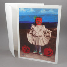 Load image into Gallery viewer, Set of 5 Vintage Peter Paone Fine Art Halloween Blank Greeting Card - Girl with Pumpkin Head - Collage and Paint on Victorian Photograph of a Child - circa 1990