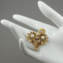 Load image into Gallery viewer, Excellent Vintage Spanish Damascene Souvenir Sunflower Basket Brooch - circa 1950 - Faux Pearls, Black, Silver, Gold Tone Pin - Spain Travel and Tourism