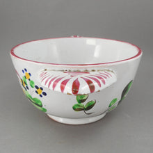 Load image into Gallery viewer, Antique French Faience Pottery Porringer Bowl with Lug Handles - Handpainted Rooster Chanticleer and Flowers - marked France - White Red Pink