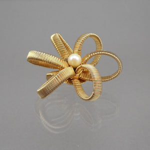 Excellent Large Vintage Mid Century Brooch - Natural Pearl, Gold Tone Wire Wrap - Flower Design - Estate Collection Jewelry