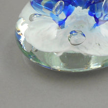 Load image into Gallery viewer, Large 5" Vintage circa 1970 Joe St. Claire Art Glass Bell Paperweight - White with Blue Lilies Flowers - Made in USA