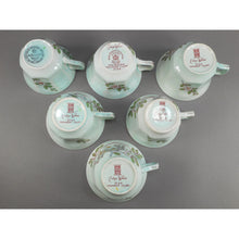 Load image into Gallery viewer, 6 Vtg Old Mark Adams Calyx Ware Singapore Bird Pattern Cup and Saucer Sets - Circa 1930 English Ironstone - Pale Blue Green with Pink Flowers - Made in England