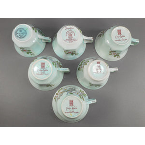 6 Vtg Old Mark Adams Calyx Ware Singapore Bird Pattern Cup and Saucer Sets - Circa 1930 English Ironstone - Pale Blue Green with Pink Flowers - Made in England