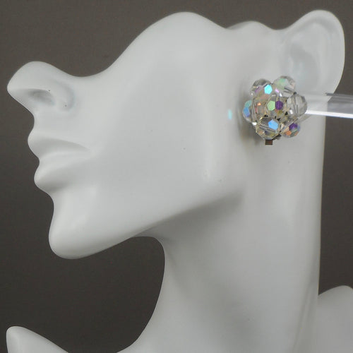 Vintage 1950s Iridescent Glass Cluster Clip On Earrings - AB Aurora Borealis Crystal Beads - Daisy Flower Design
