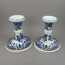 Load image into Gallery viewer, Pristine Pair of Vintage Boch Delfts Candlesticks - Belgian or Dutch - White Porcelain, Blue Flowers, Pale Green Glaze - Set of 2