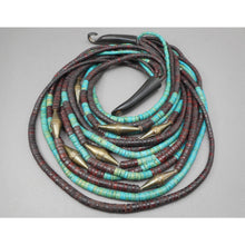 Load image into Gallery viewer, Vintage Gerda Lynggaard Monies, Denmark Multi Strand Necklace - Danish Artisan Jewelry - Carved Horn Clasp, Brown and Turquoise Coconut Beads, Stamped Brass Cones - circa 1970/1980