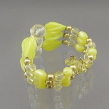 Load image into Gallery viewer, Vintage 1950s Signed Kramer Jewelry Set - Cuff Wrap Bracelet and Clip On Cluster Earrings - Chartreuse Yellow Green Acrylic Beads