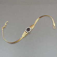 Load image into Gallery viewer, Vintage Faux Ruby Herringbone Chain Bracelet - 7 1/2&quot; - Gold Tone with Red and Clear Crystals