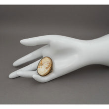 Load image into Gallery viewer, Antique or Vintage Genuine Carved Shell Cameo Brooch - Victorian Revival Style Pin - Gold Finish Filigree Setting