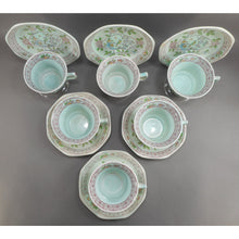 Load image into Gallery viewer, 6 Vtg Old Mark Adams Calyx Ware Singapore Bird Pattern Cup and Saucer Sets - Circa 1930 English Ironstone - Pale Blue Green with Pink Flowers - Made in England