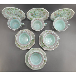 6 Vtg Old Mark Adams Calyx Ware Singapore Bird Pattern Cup and Saucer Sets - Circa 1930 English Ironstone - Pale Blue Green with Pink Flowers - Made in England