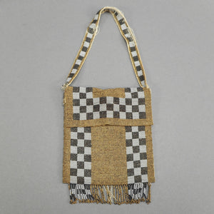 Antique Victorian or Edwardian Micro Beaded Mini Wristlet Purse with Fringe - Kid Glove Leather Lining