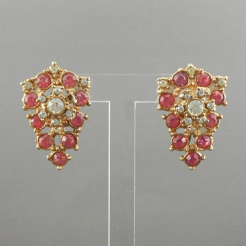 Vintage 1950s Pink Rhinestone Gold Tone Screw Back Earrings