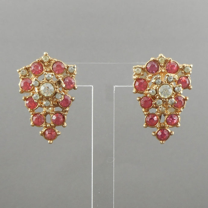 Vintage 1950s Pink Rhinestone Gold Tone Screw Back Earrings