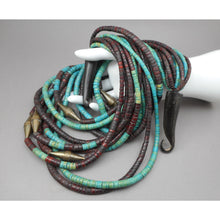 Load image into Gallery viewer, Vintage Gerda Lynggaard Monies, Denmark Multi Strand Necklace - Danish Artisan Jewelry - Carved Horn Clasp, Brown and Turquoise Coconut Beads, Stamped Brass Cones - circa 1970/1980