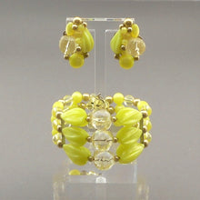 Load image into Gallery viewer, Vintage 1950s Signed Kramer Jewelry Set - Cuff Wrap Bracelet and Clip On Cluster Earrings - Chartreuse Yellow Green Acrylic Beads