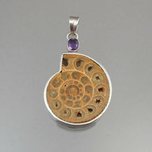 Load image into Gallery viewer, Vintage Ammonite Fossil and Sterling Silver Oval Pendant with an Amethyst Purple Accent Stone - Brown Snail Shell Form Natural Gemstone - circa 1980 - Southwestern Style