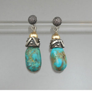 Vintage Handmade Southwestern Style Turquoise Dangle Earrings - Granulated Sterling Silver with Gold Filled Beads - USA Studio Jewelry - circa 2000