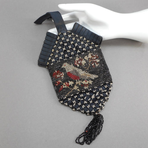 Antique Victorian Micro Bead Wristlet Purse with Beaded Tassel - Pleated Black Satin - Dove Bird Design - Black, Silver, Red