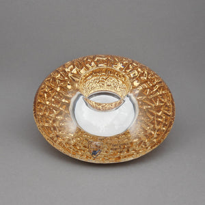 New In Box Orrefors Kosta Boda Discus Gold Art Glass Votive Candle Holder - Designed by Lars Hellsten, Made in Sweden - Unused NIB