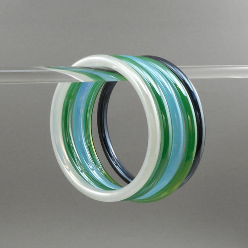 Vintage Set of 5 Glass Bangle Bracelets - Stacking Assortment Lot - Black, White, Green, Blue