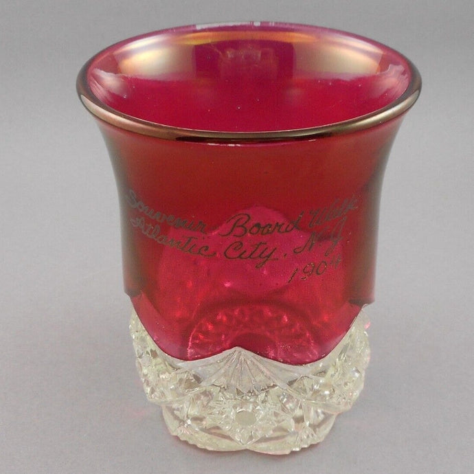 Antique 1904 Atlantic City NJ Boardwalk Souvenir Ruby Flash Stain Pressed Glass Cup Tumbler Victorian Edwardian Glassware