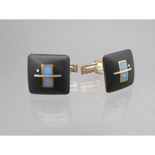 Vintage Handmade Eileen Sutton Cufflinks - US Artisan Studio Jewelry - Post Modern Style - 14K Gold Filled Sterling Silver, Black and Blue Resin