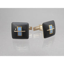 Load image into Gallery viewer, Vintage Handmade Eileen Sutton Cufflinks - US Artisan Studio Jewelry - Post Modern Style - 14K Gold Filled Sterling Silver, Black and Blue Resin
