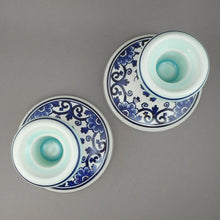 Load image into Gallery viewer, Pristine Pair of Vintage Boch Delfts Candlesticks - Belgian or Dutch - White Porcelain, Blue Flowers, Pale Green Glaze - Set of 2