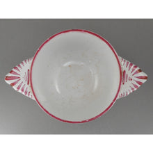 Load image into Gallery viewer, Antique French Faience Pottery Porringer Bowl with Lug Handles - Handpainted Rooster Chanticleer and Flowers - marked France - White Red Pink