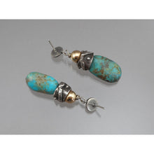 Load image into Gallery viewer, Vintage Handmade Southwestern Style Turquoise Dangle Earrings - Granulated Sterling Silver with Gold Filled Beads - USA Studio Jewelry - circa 2000