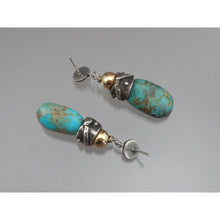 Load image into Gallery viewer, Vintage Handmade Southwestern Style Turquoise Dangle Earrings - Granulated Sterling Silver with Gold Filled Beads - USA Studio Jewelry - circa 2000