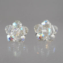 Load image into Gallery viewer, Excellent Vintage 1950s Signed Laguna Iridescent Clear Glass Cluster Clip On Earrings - AB Aurora Borealis Crystal Beads on Silver Filigree - Flower Design
