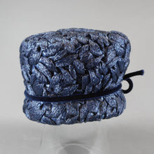 Load image into Gallery viewer, Vintage 1960s Mr. John Sophisticate Ladies Hat - Navy Blue Cellophane Straw / Cello Weave Raffia - Velvet Cord and Rhinestone Leaf Pin - Easter Spring and Summer