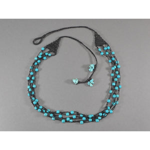 Vintage Handmade Beaded Macrame Necklace - Turquoise Gemstone Beads and Nuggets on Black Waxed Cord - Adjustable Length